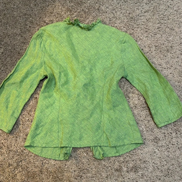 90s Perri Cutten VNTG Green Linen Cardigan Ruffle Trim Size 8 - Picture 5 of 5